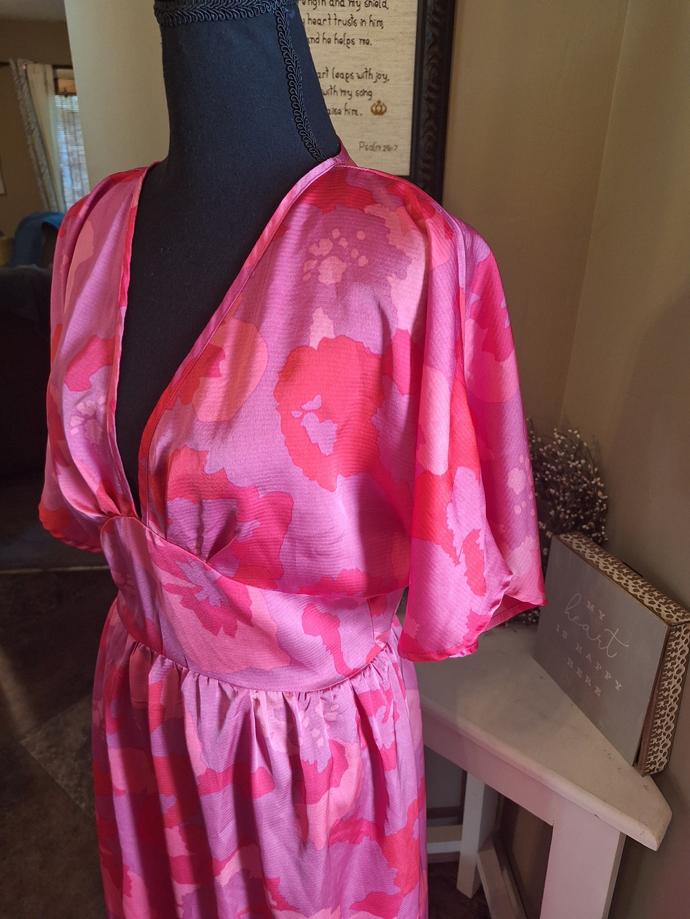 Pink Floral Satin Feel Japaneese Vibes Kimono Sleeve Maxi Dress M